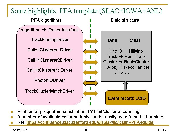 Some highlights: PFA template (SLAC+IOWA+ANL) PFA algorithms Data structure Algorithm Driver interface Track. Finding.