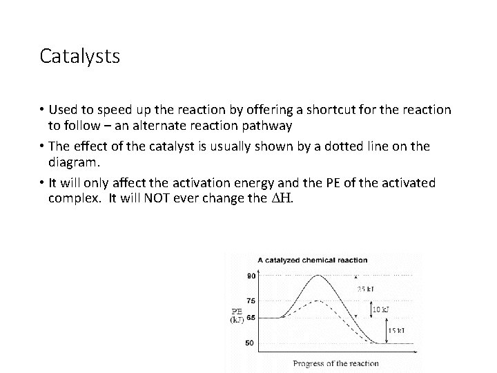 Catalysts • Used to speed up the reaction by offering a shortcut for the