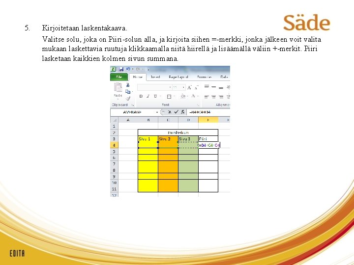 5. Kirjoitetaan laskentakaava. Valitse solu, joka on Piiri-solun alla, ja kirjoita siihen =-merkki, jonka