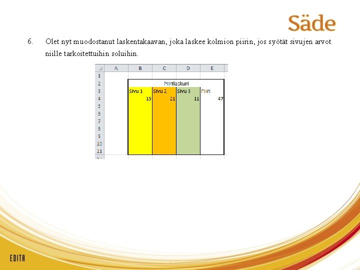 6. Olet nyt muodostanut laskentakaavan, joka laskee kolmion piirin, jos syötät sivujen arvot niille