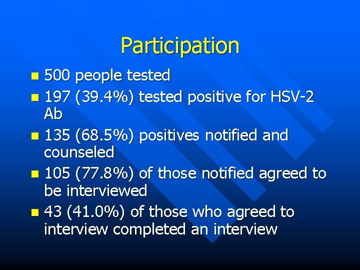 Participation 500 people tested n 197 (39. 4%) tested positive for HSV-2 Ab n