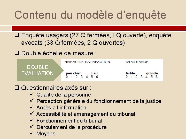 Contenu du modèle d’enquête q Enquête usagers (27 Q fermées, 1 Q ouverte), enquête