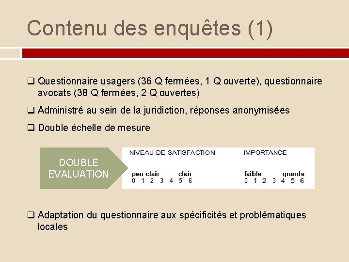 Contenu des enquêtes (1) q Questionnaire usagers (36 Q fermées, 1 Q ouverte), questionnaire