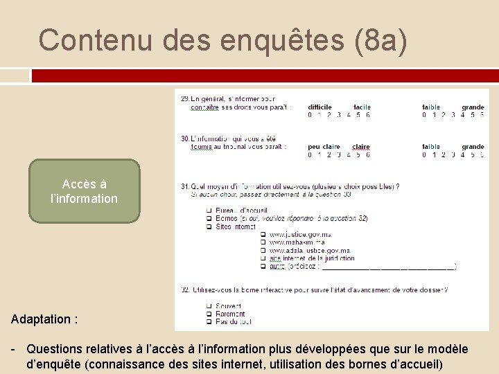 Contenu des enquêtes (8 a) Accès à l’information Adaptation : - Questions relatives à