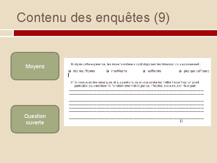 Contenu des enquêtes (9) Moyens Question ouverte 