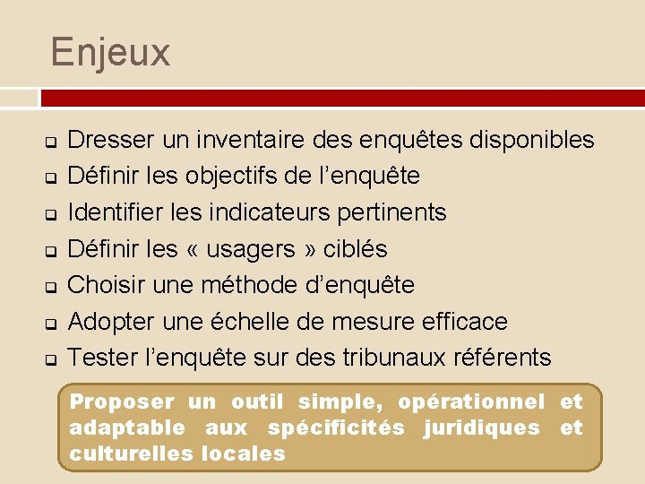 Enjeux q q q q Dresser un inventaire des enquêtes disponibles Définir les objectifs