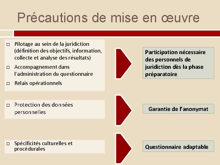 Précautions de mise en œuvre Pilotage au sein de la juridiction (définition des objectifs,