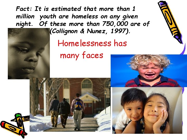 Fact: It is estimated that more than 1 million youth are homeless on any