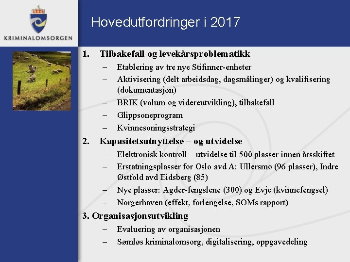 Hovedutfordringer i 2017 1. Tilbakefall og levekårsproblematikk – – – 2. Etablering av tre
