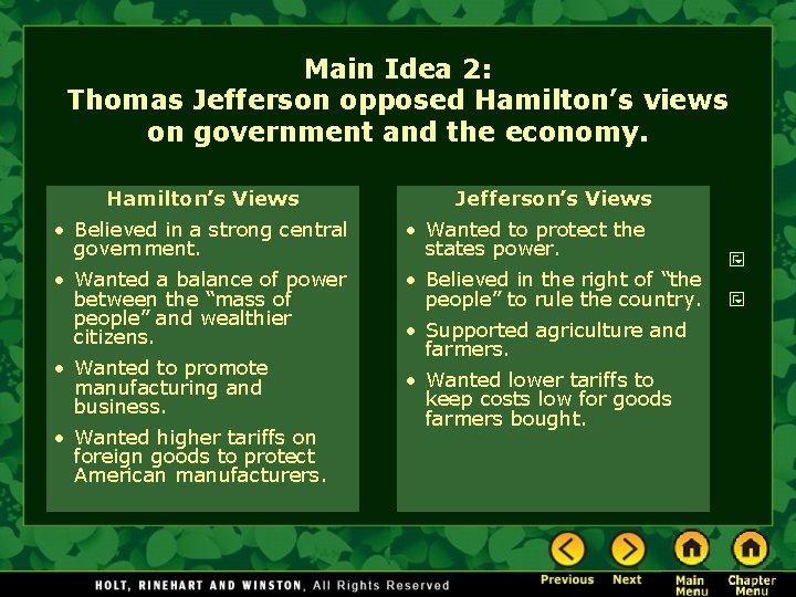 Main Idea 2: Thomas Jefferson opposed Hamilton’s views on government and the economy. Hamilton’s Main Idea 2: Thomas Jefferson opposed Hamilton’s views on government and the economy. Hamilton’s