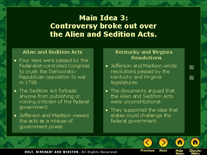 Main Idea 3: Controversy broke out over the Alien and Sedition Acts • Four Main Idea 3: Controversy broke out over the Alien and Sedition Acts • Four