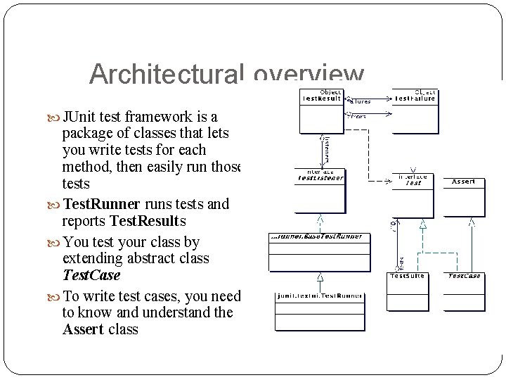 Architectural overview JUnit test framework is a package of classes that lets you write