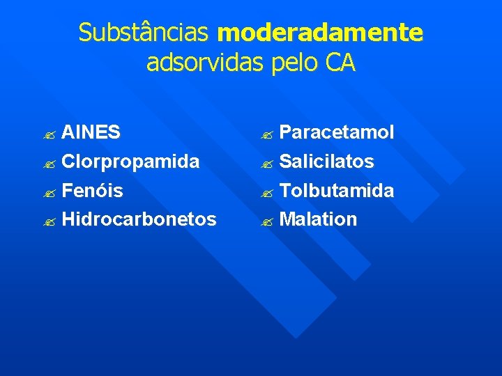 Substâncias moderadamente adsorvidas pelo CA AINES Paracetamol Clorpropamida Salicilatos Fenóis Tolbutamida Hidrocarbonetos Malation 