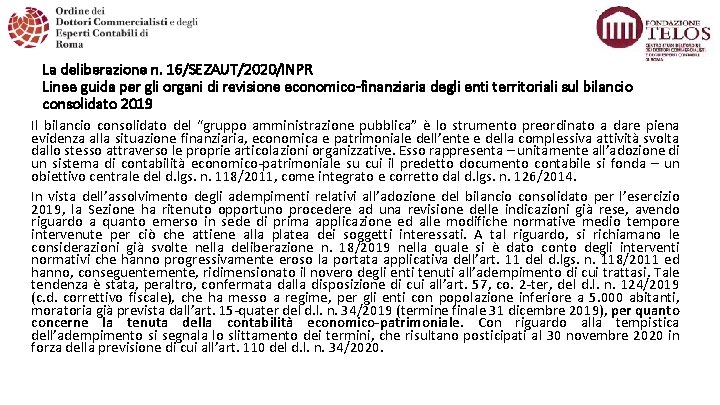 La deliberazione n. 16/SEZAUT/2020/INPR Linee guida per gli organi di revisione economico-finanziaria degli enti