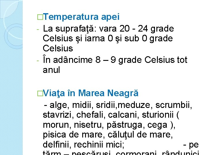 �Temperatura apei - La suprafaţă: vara 20 - 24 grade Celsius şi iarna 0 �Temperatura apei - La suprafaţă: vara 20 - 24 grade Celsius şi iarna 0