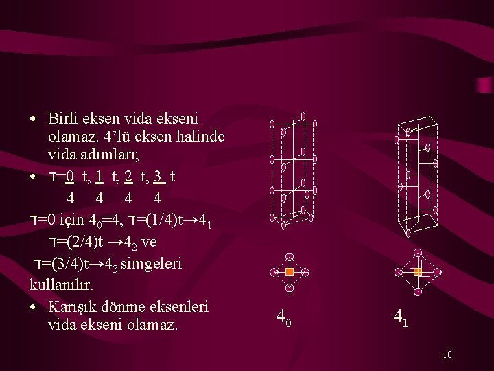 Birli eksen vida ekseni olamaz. 4’lü eksen halinde vida adımları; ● =ד 0 t,