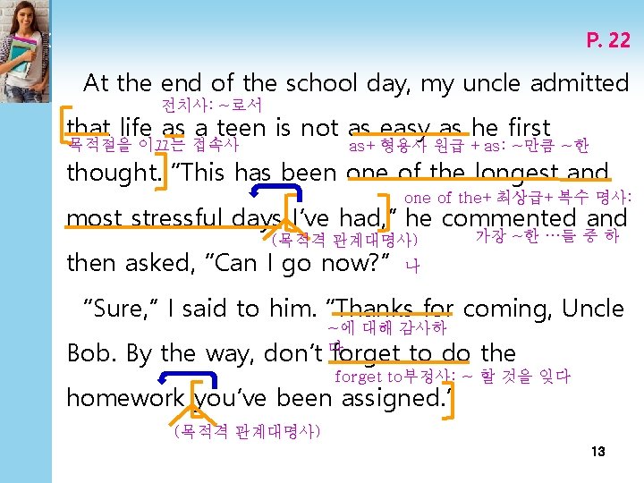 P. 22 At the end of the school day, my uncle admitted 전치사: ~로서