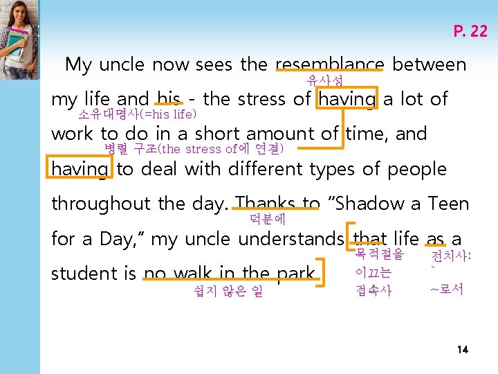 P. 22 My uncle now sees the resemblance between 유사성 my life and his