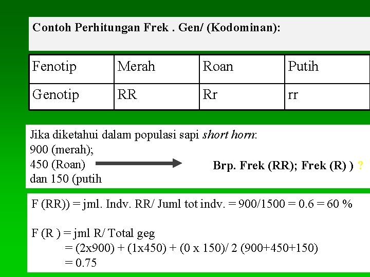 Contoh Perhitungan Frek. Gen/ (Kodominan): Fenotip Merah Roan Putih Genotip RR Rr rr Jika