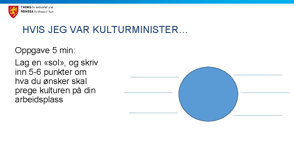 HVIS JEG VAR KULTURMINISTER… Oppgave 5 min: Lag en «sol» , og skriv inn