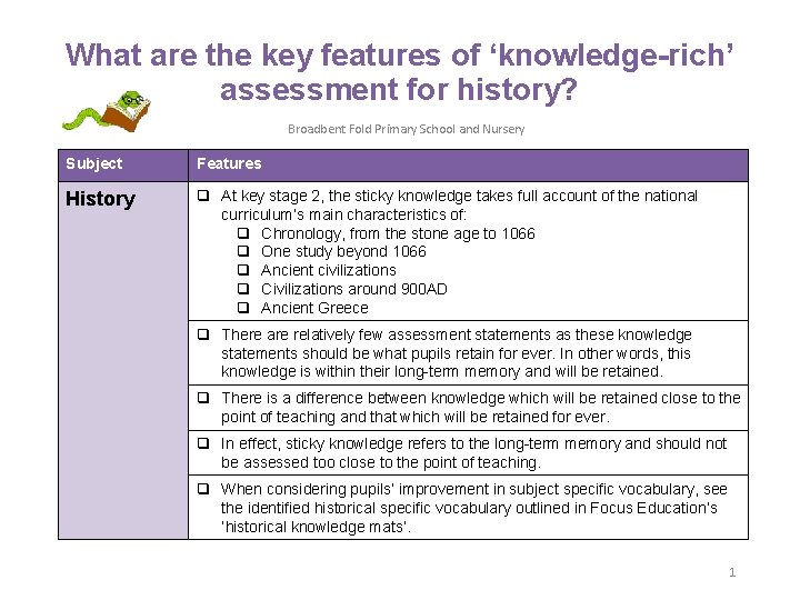 What are the key features of ‘knowledge-rich’ assessment for history? Broadbent Fold Primary School