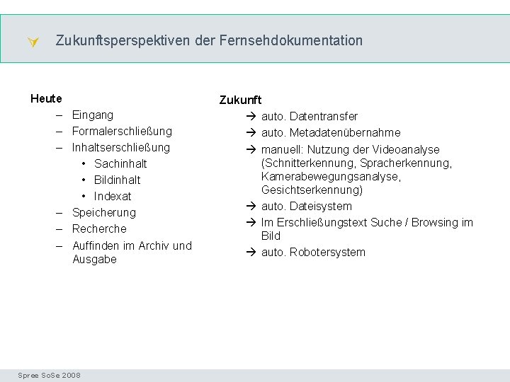  Zukunftsperspektiven der Fernsehdokumentation Zukunft Heute – Eingang – Formalerschließung – Inhaltserschließung • Sachinhalt