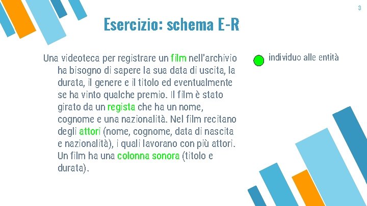 3 Esercizio: schema E-R Una videoteca per registrare un film nell’archivio ha bisogno di