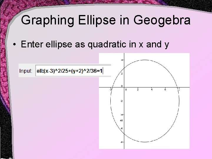 Graphing Ellipse in Geogebra • Enter ellipse as quadratic in x and y 