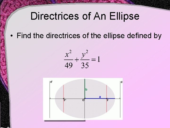 Directrices of An Ellipse • Find the directrices of the ellipse defined by 