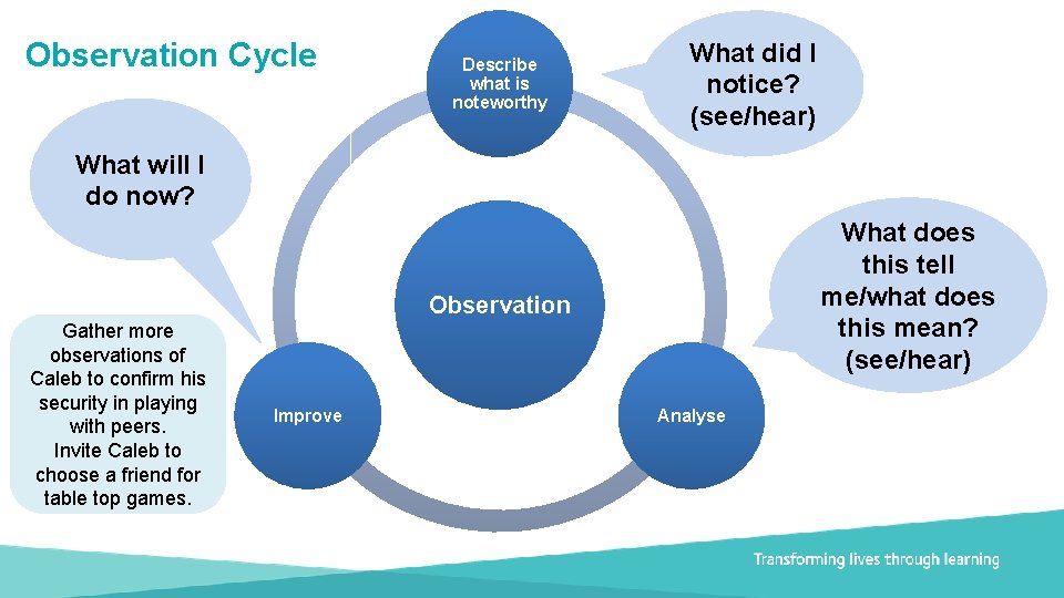 Observation Cycle Describe what is noteworthy What did I notice? (see/hear) What will I