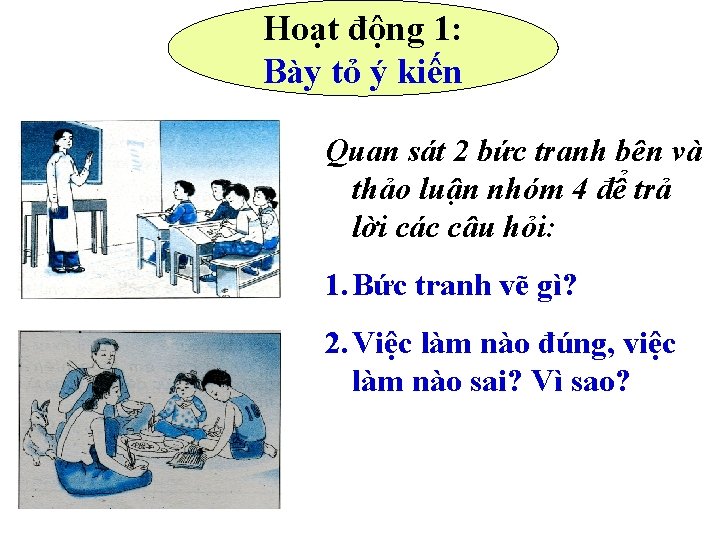 Hoạt động 1: Bày tỏ ý kiến Quan sát 2 bức tranh bên và