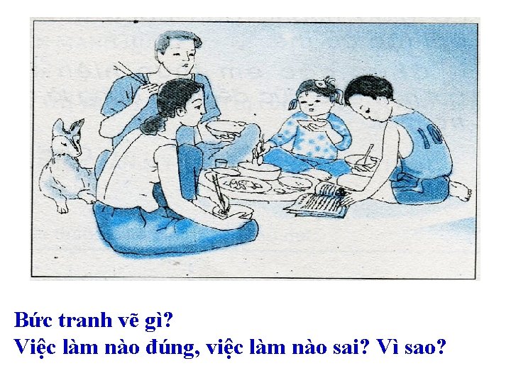 Bức tranh vẽ gì? Việc làm nào đúng, việc làm nào sai? Vì sao?