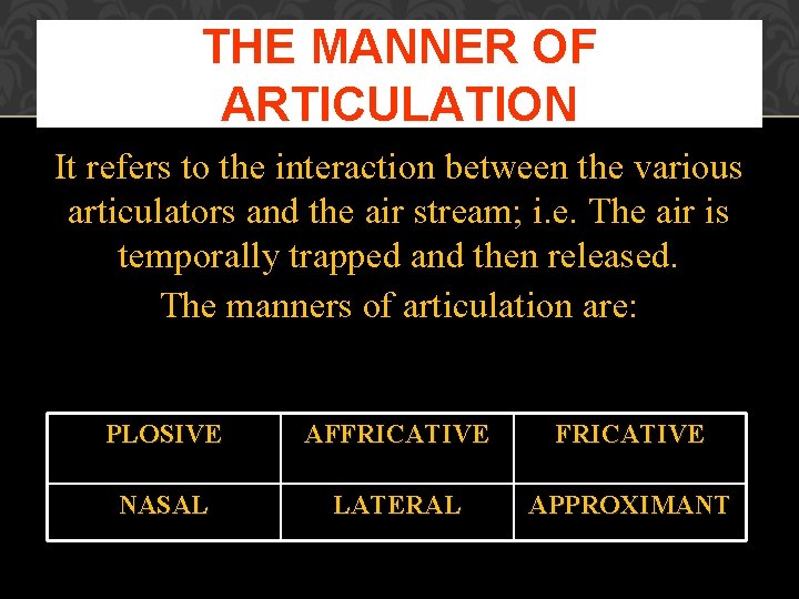 THE MANNER OF ARTICULATION It refers to the interaction between the various articulators and THE MANNER OF ARTICULATION It refers to the interaction between the various articulators and