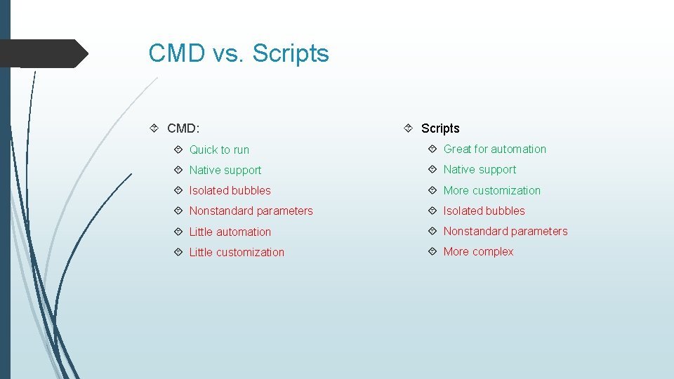 CMD vs. Scripts CMD: Scripts Quick to run Great for automation Native support Isolated