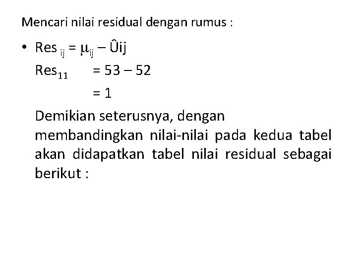 Mencari nilai residual dengan rumus : • Res ij = ij – Ûij Res