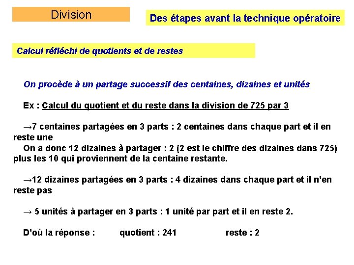 Division Des étapes avant la technique opératoire Calcul réfléchi de quotients et de restes