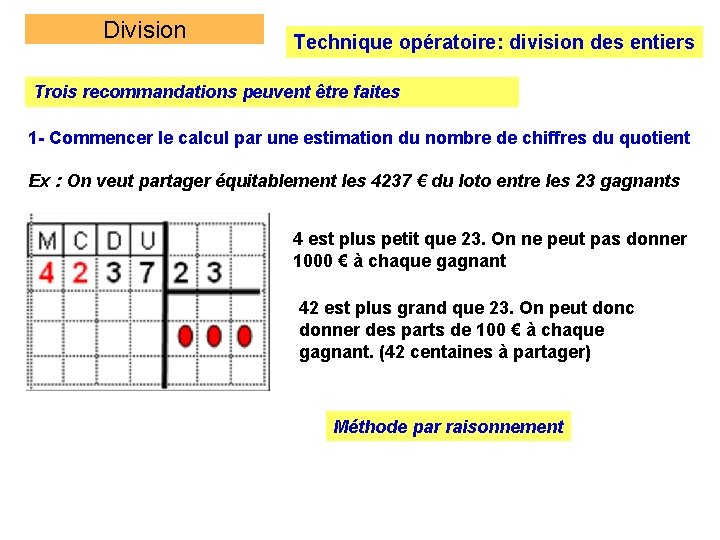 Division Technique opératoire: division des entiers Trois recommandations peuvent être faites 1 - Commencer