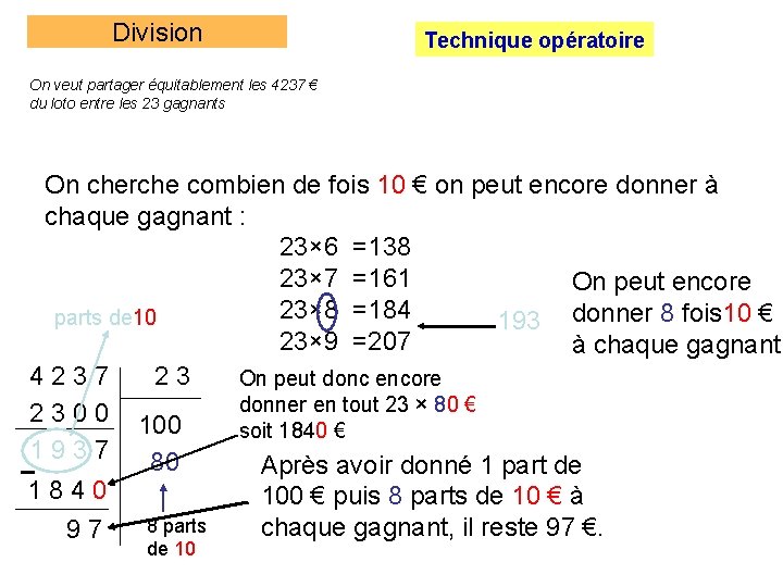 Division Technique opératoire On veut partager équitablement les 4237 € du loto entre les