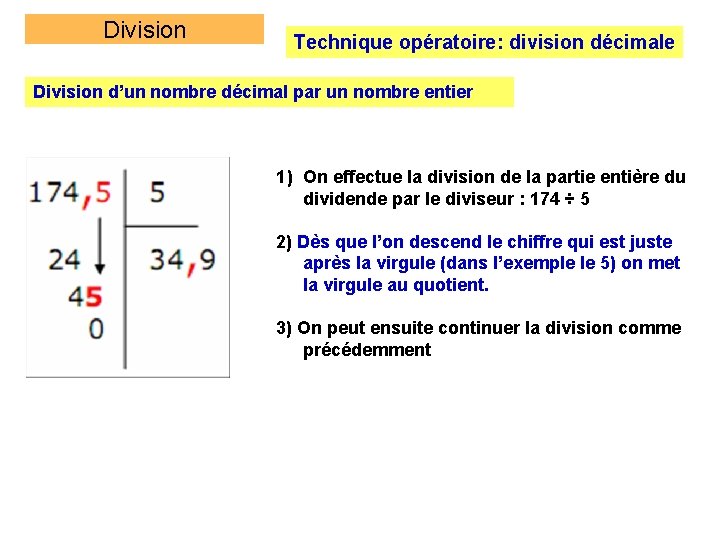 Division Technique opératoire: division décimale Division d’un nombre décimal par un nombre entier 1)