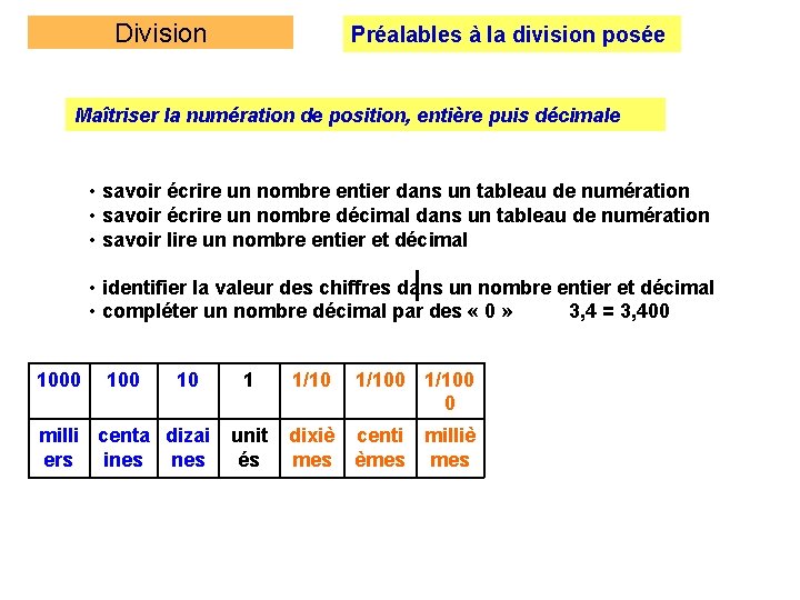 Division Préalables à la division posée Maîtriser la numération de position, entière puis décimale
