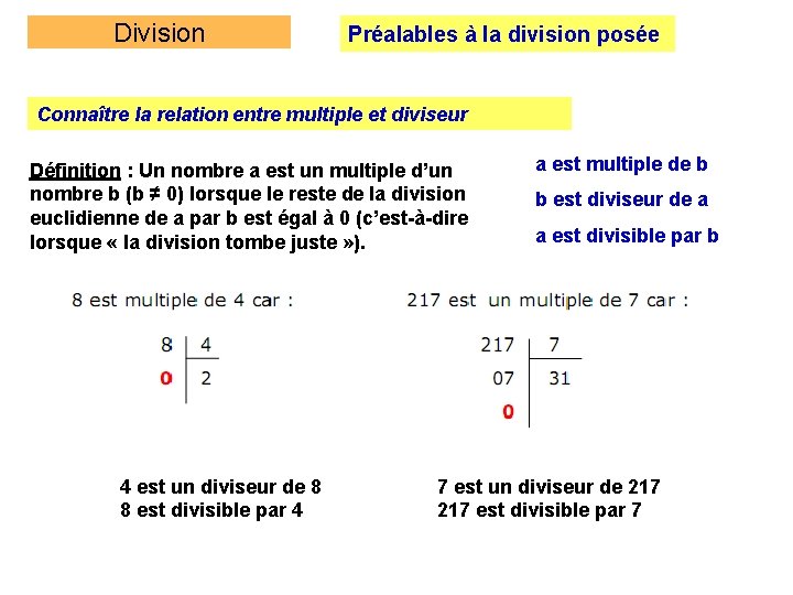 Division Préalables à la division posée Connaître la relation entre multiple et diviseur Définition