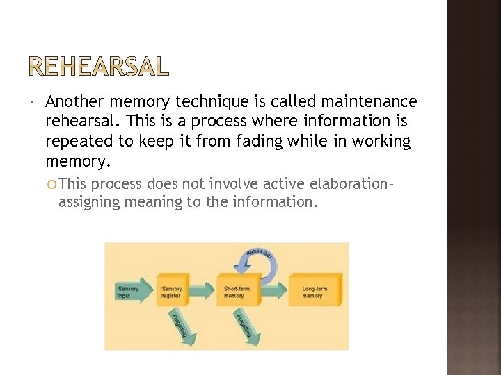  Another memory technique is called maintenance rehearsal. This is a process where information