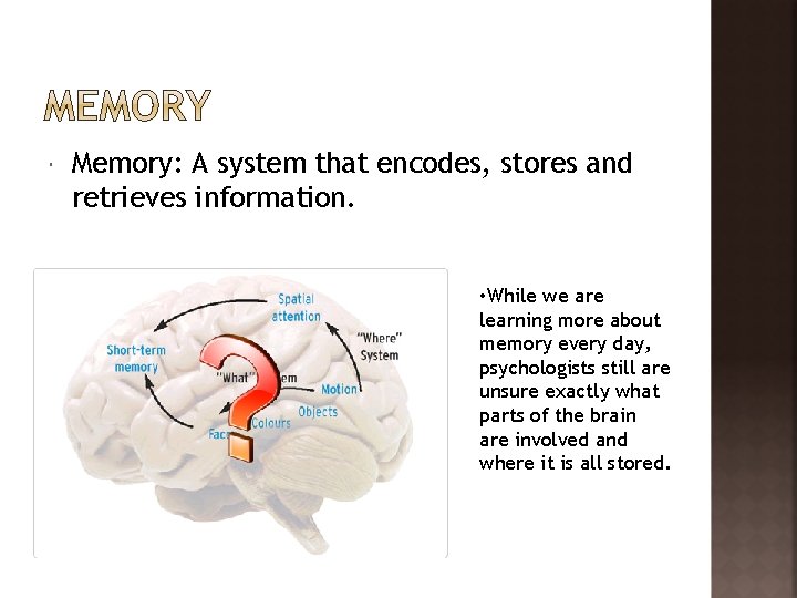  Memory: A system that encodes, stores and retrieves information. • While we are