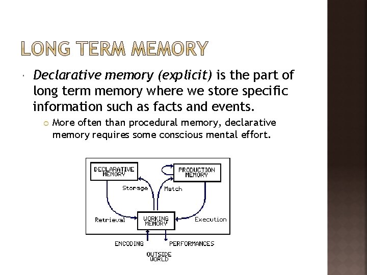  Declarative memory (explicit) is the part of long term memory where we store