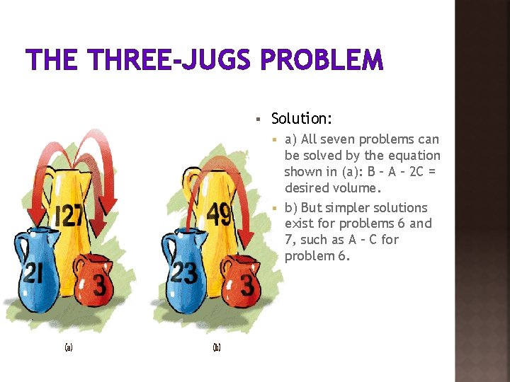 THE THREE-JUGS PROBLEM § Solution: a) All seven problems can be solved by the