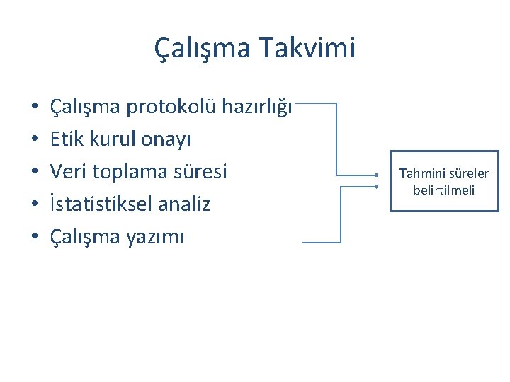 Çalışma Takvimi • • • Çalışma protokolü hazırlığı Etik kurul onayı Veri toplama süresi