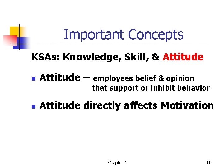 Important Concepts KSAs: Knowledge, Skill, & Attitude n Attitude – n Attitude directly affects