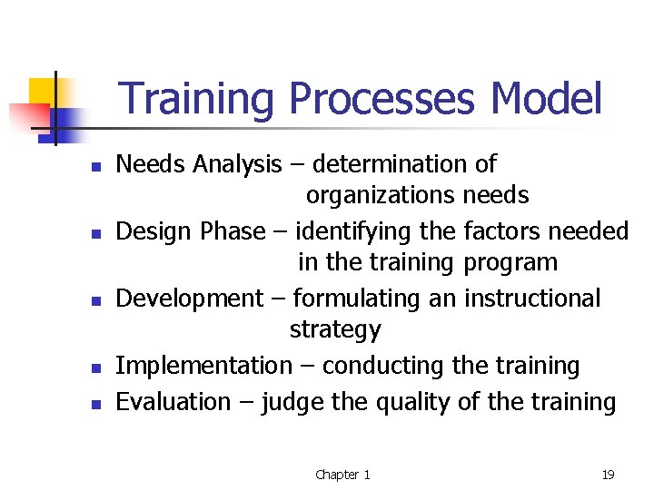 Training Processes Model n n n Needs Analysis – determination of organizations needs Design