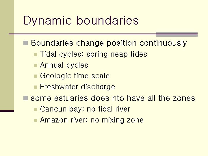 Dynamic boundaries n Boundaries change position continuously n Tidal cycles; spring neap tides n