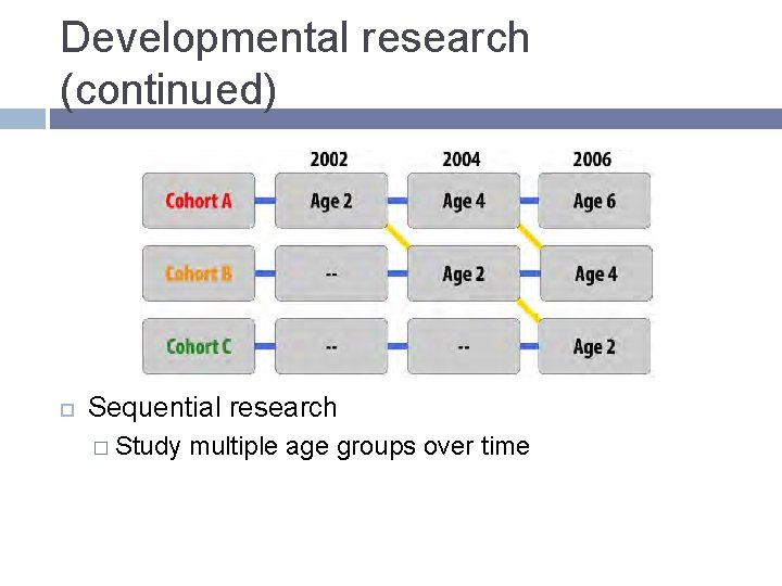 Developmental research (continued) Sequential research � Study multiple age groups over time 